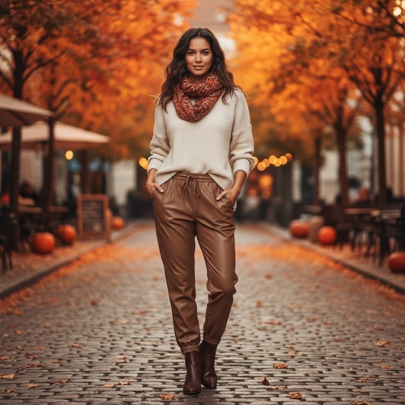 Zara Pants - Zara women’s vegan leather camel jogger sz lrg nwot